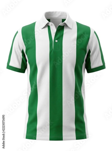 Green and White Striped Polo Shirt Isolated on White Background.