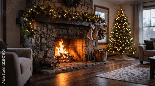 fireplace with christmas decorations