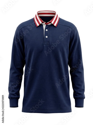 Navy Blue Long-Sleeve Polo Shirt with Striped Collar.