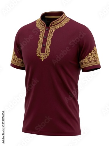Mens maroon polo shirt with intricate gold embroidery and stand-up collar.