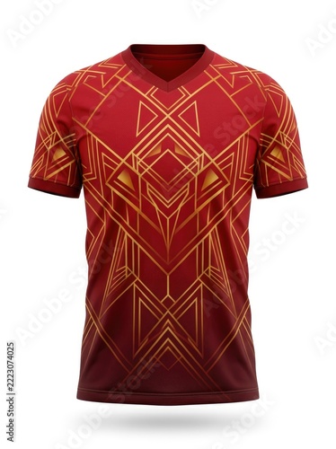 Red and Gold Geometric Patterned V-Neck T-Shirt.