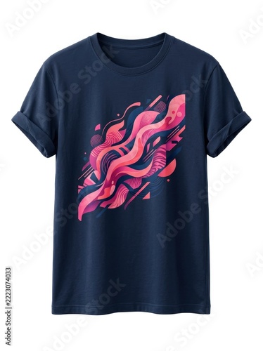 Abstract Pink and Purple Waves Graphic on Dark Blue T-Shirt.