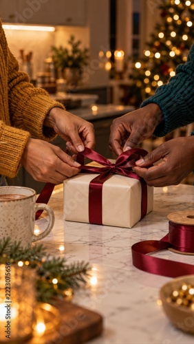 Two Adults Tying Burgundy Bow on Cream Wrapped Christmas Gift