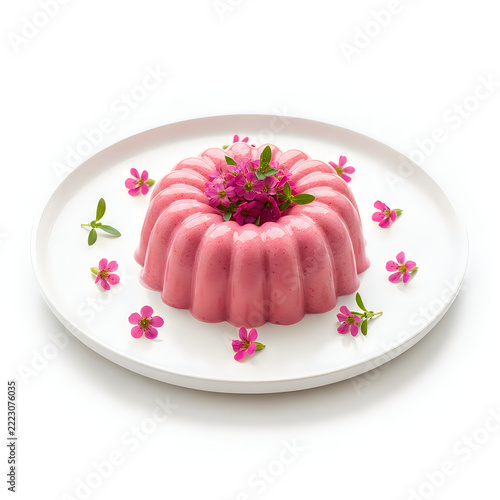 Pink bundt cake with flower decoration on plate