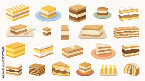 Set of various layered cakes and pastry slices isolated on white background.