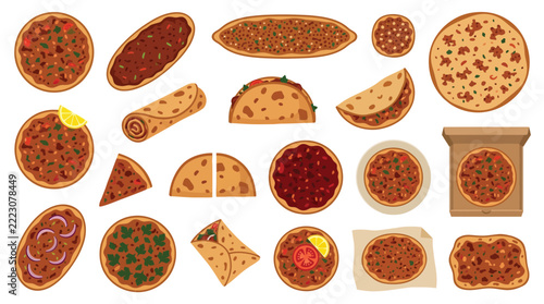 Set of various delicious Turkish lahmacun flatbreads with minced meat and vegetables.