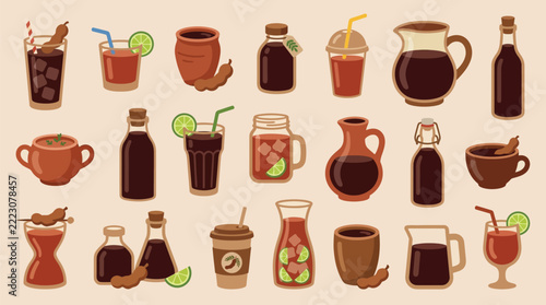 Set of various tamarind juice drinks and beverages in different containers and glasses.