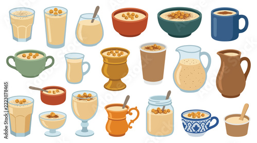 Set of various bowls and glasses filled with delicious creamy porridge or breakfast cereal.