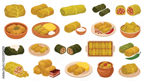 Set of various stuffed cabbage rolls and dolma served on plates and in bowls.