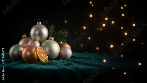Photorealistic Hand Blown Frosted Glass Christmas Baubles in Champagne, Sage Green and Smoky Amber Featuring Detailed Reflections and Soft Velvet Textures