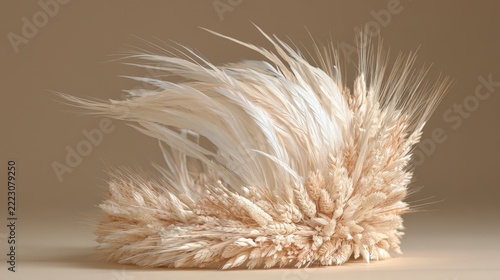 Pale feathery sculptural arrangement on beige