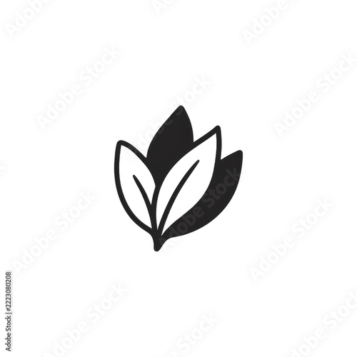 Stylized dark grey leaf sprout icon on black background.