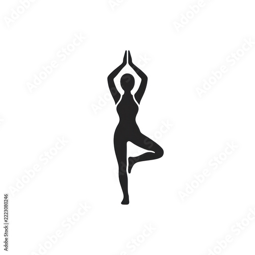 Minimalist yoga tree pose silhouette on black background.