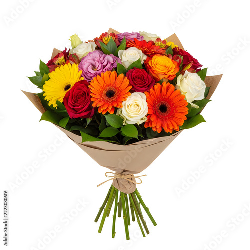 Colorful bouquet of mixed fresh flowers wrapped in paper