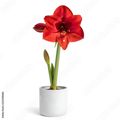 Red amaryllis flower in a small pot