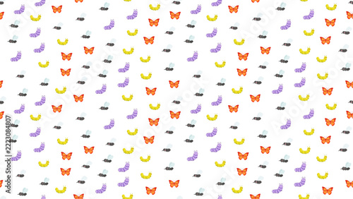 Seamless pattern of cartoon caterpillars, butterflies, and flies