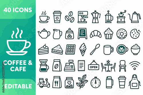 Coffee and Cafe - 40 Editable Outline Icons