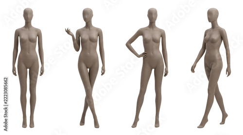 Four abstract female mannequins displaying different fashion postures and realistic body proportions against plain white background