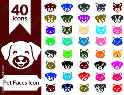 Set of colorful pet face icons depicting various dog and cat breeds with animal care