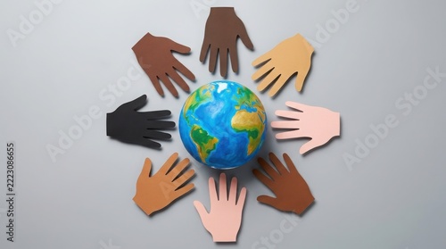 Diverse paper hands surrounding a globe on a grey background
