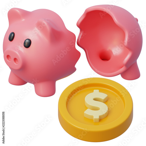 3d broken piggy bank with gold dollar coin for financial loss savings crisis money management