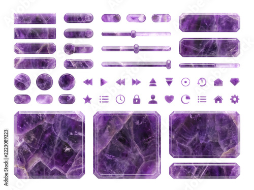 Amethyst gemstone UI kit buttons and icons isolated on transparent background for web design purple crystal texture interface cutout mineral stone glossy navigation menu shapes luxury graphic software