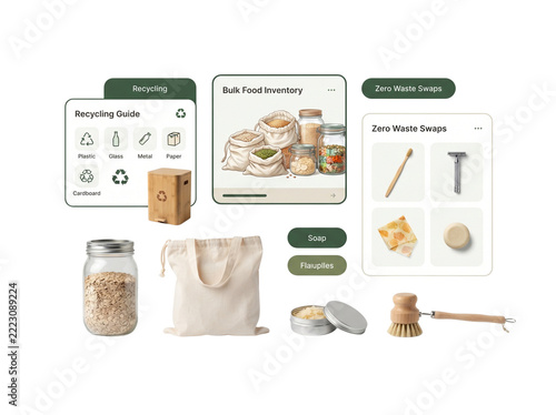 Zero waste lifestyle icons and inventory guide isolated on transparent background for sustainable living projects sustainability recycling eco friendly glass jar cloth bag bamboo toothbrush safety png