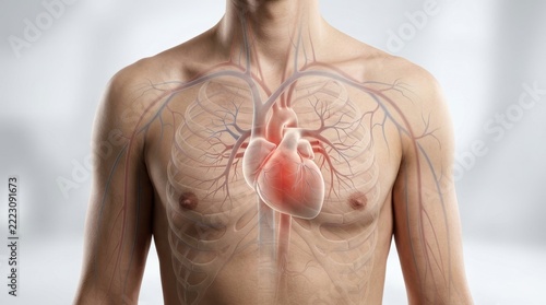 Medical anatomical illustration of the human heart and blood vessels inside the chest