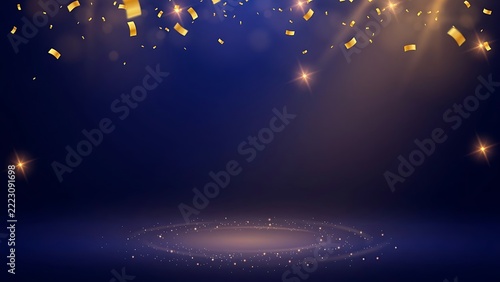 Festive dark blue background, with falling golden, confetti and a, glowing circular spotlight, on the floor, for stage events, and holiday celebrations