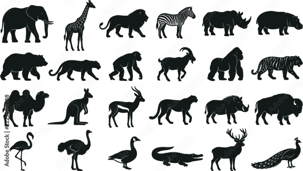 Fototapeta premium Wild animals silhouettes collection vector set featuring safari and zoo mammals birds and reptiles isolated on a clean white background