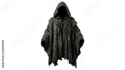 Dark hooded cloak standing isolated against plain white surface on transparent background