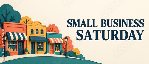 Small Business Saturday Banner with Colorful Illustrated Neighborhood Shops and Autumn Trees