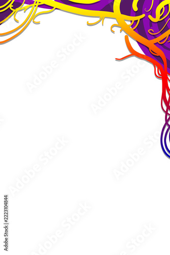 Vibrant abstract corner frame with dynamic flowing ribbons in a rich gradient of purple, yellow, orange, red, and blue hues, elegant decorative border with swirling organic curves, clean white space