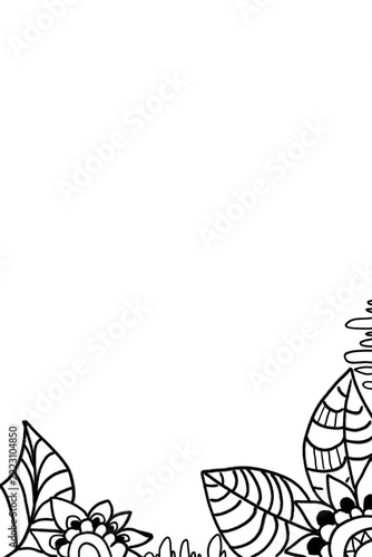 Elegant black-and-white corner frame with intricate floral and leaf patterns in zentangle style, detailed line art with ornamental botanical motifs, clean white space for text or content placement