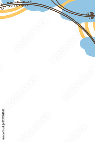 Minimalist angular decor in a pastel color scheme: smooth curved lines in dark brown and yellow‑orange, soft cloud‑like shapes in a light blue hue, concise decorative swirls