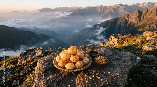 Pani puri golgappa platter on mountain cliff with scenic valley view