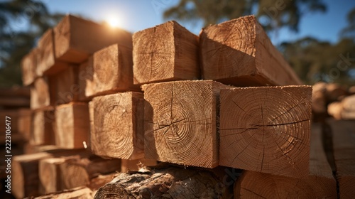 Stacked rough cut timber beams in natural sunlight