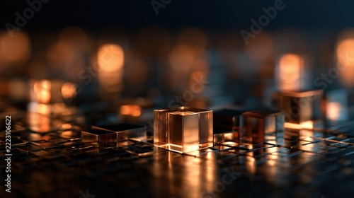 Transparent cubes with golden light and bokeh on reflective surface