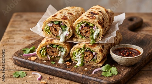 Chicken seekh kabab paratha rolls platter with chutney