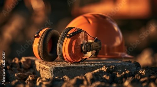 Orange hard hat and ear defenders on concrete debris with transparent background