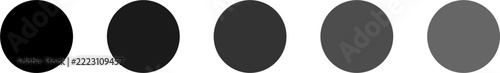 Minimalist grayscale circle dots arranged horizontally, displaying a transition from dark black to light gray. Suitable for UI progress steps, color swatch guides, and abstract geometric design.