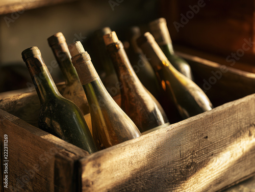 Old wooden crate with vintage wine bottles in a rustic cellar  