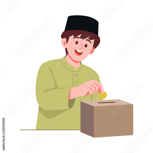 Muslim Man Putting Coin into Donation Box for Zakat and Ramadhan