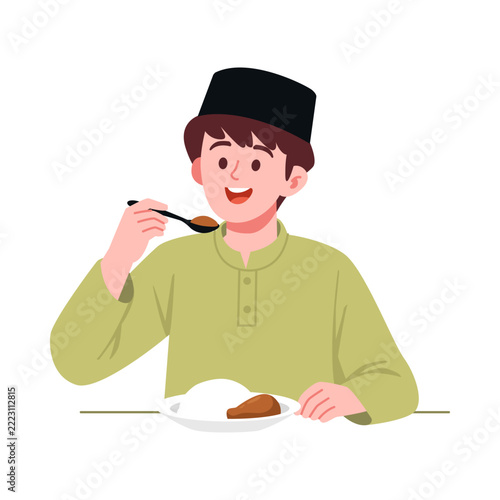Happy Muslim Boy Eating Iftar Dinner Meal During Ramadan Celebration