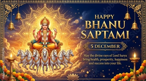 Happy Bhanu Saptami Hindu Festival Illustration with Lord Surya and Seven White Horses