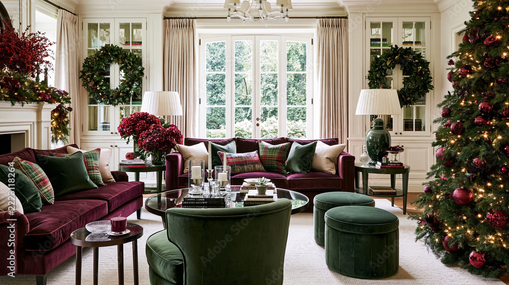 Naklejka premium Luxury interior decorating with burgundy and green velvet furniture, plaid pillows, and traditional holiday accents for a festive atmosphere