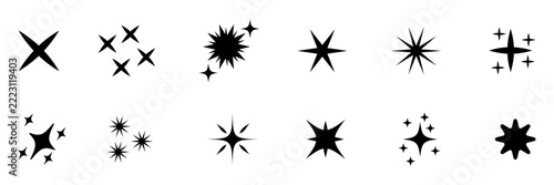 Set of original star sparkle shapes. Abstract shine effect vector sign. Glowing light effect, twinkle templates stars and bursts, shiny flash. Retro futuristic bright vector icons collection.