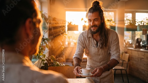 Barista bringing espresso to customer in coffee shop, backlit by warm golden sunlight, view over customer's shoulder