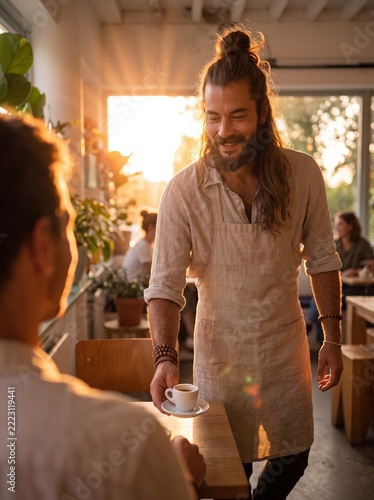 Barista bringing espresso to customer in coffee shop, backlit by warm golden sunlight, view over customer's shoulder