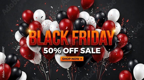 Black friday sale banner with red white and black balloons on a dark background for retail promotion